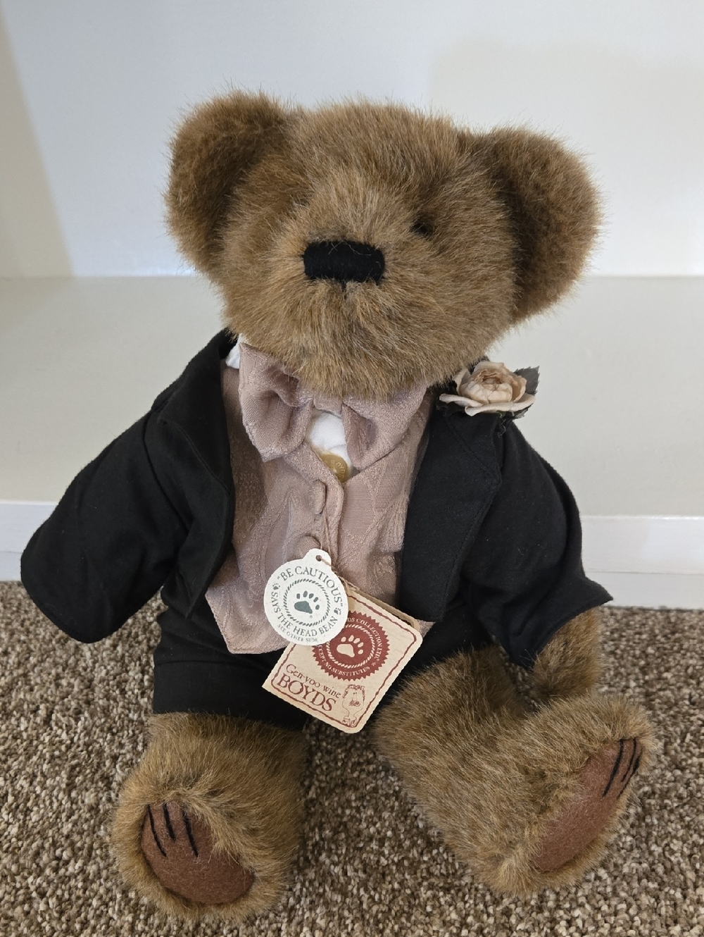 Boyds Plush Bear "Mr. Everlove" with Black Jacket and Taupe Bow